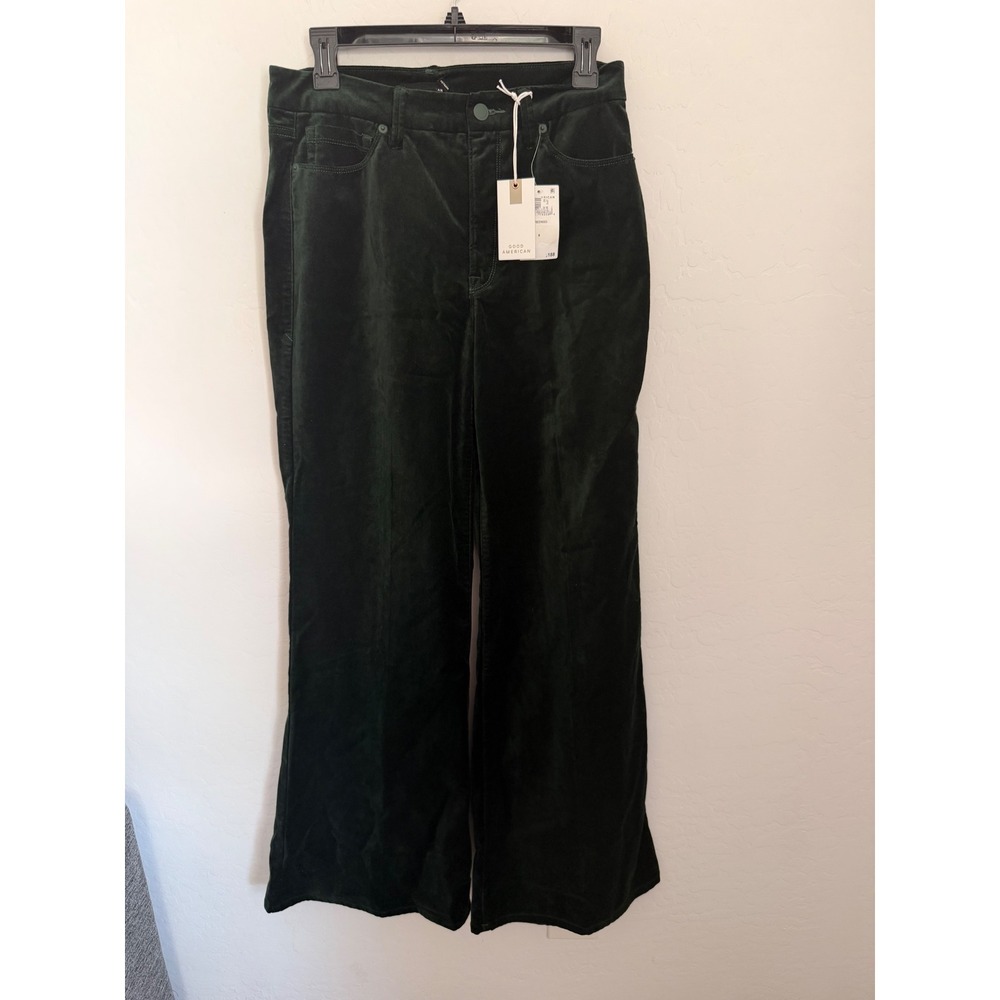 Good American Good Waist Palazzo Velvet Pants Pine Green High Rise Wide Leg 6/28